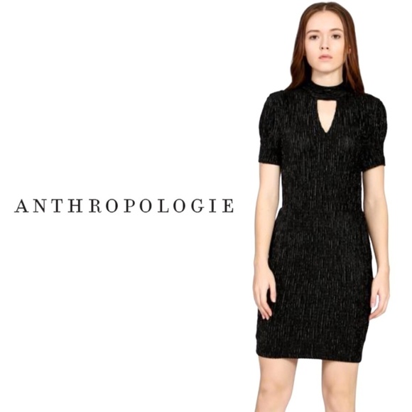 Anthropologie The Korner Black Silver Velvet Keyhole Mini Dress Ribbed - Size S - Picture 1 of 14